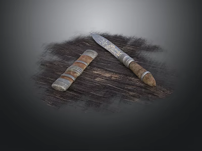 Practical Household Knives with Textured Wooden Handles and Sharp Blades on Wooden Surface 3d model