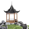 Traditional Chinese Pavilion With Black Tiled Roof Wooden Structure Stone Steps And Rocky Green Grass