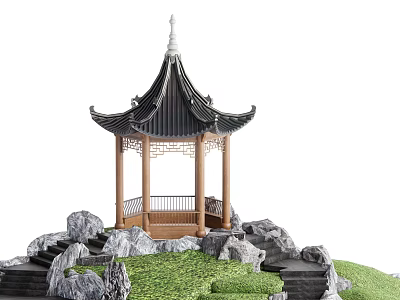 Traditional Chinese Pavilion With Black Tiled Roof Wooden Structure Stone Steps And Rocky Green Grass 3d model
