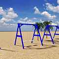 Blue Sailboats Art Installation with Blue Sky White Clouds Sandy Beach and Flying Birds