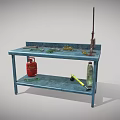 Blue Workbench with Shelf Red Gas Cylinder Yellow Tool Green Items and Tools