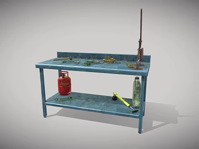 Blue Workbench with Shelf Red Gas Cylinder Yellow Tool Green Items and Tools 3d model