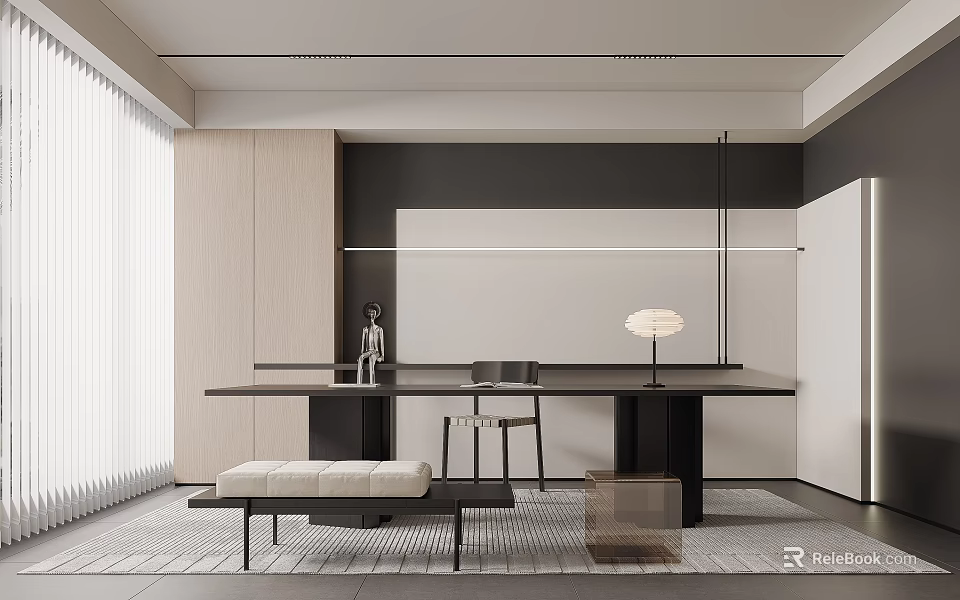 Minimalist Study Room Interior With Dark Desk Chair Bench And Lamp 3d model 