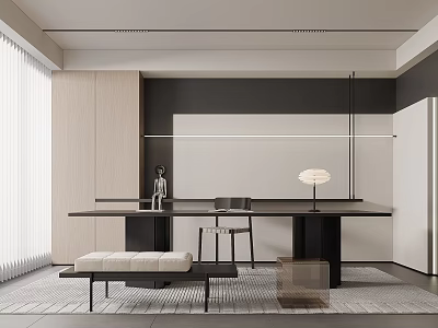 Minimalist Study Room Interior With Dark Desk Chair Bench And Lamp 3d model
