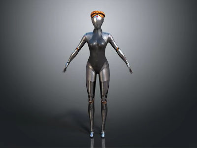Silver Metallic Robot Character With Orange Head Decoration And Standing Pose 3d model