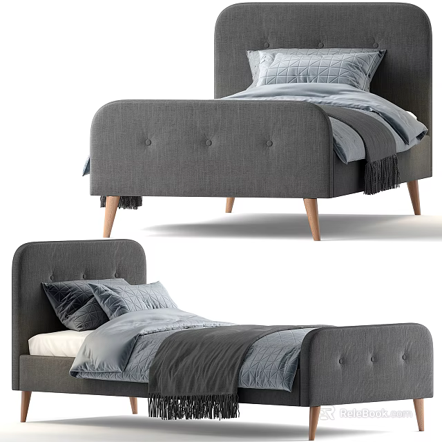 Gray Single Bed with Upholstered Headboard Wooden Legs and Cozy Bedding 3d model 