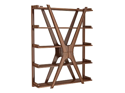 Wooden Bookshelf with Modern Cross Support and Multiple Open Shelves Design 3d model