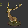 Red Deer with Large Antlers 3D Model Standing on Green Base Against Dark Background