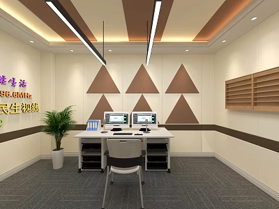 Modern Public Office Space With Workstations Computers Potted Plant And Triangular Wall Decorations 3d model