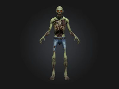 Zombie Game Character 3D Model With Green Skin Red Eyes And Tattered Blue Jeans 3d model