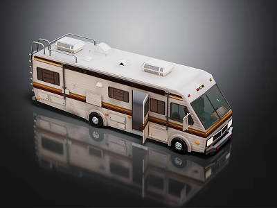 White Bus With Brown Stripes Open Door Roof Storage And Reflective Surface 3d model