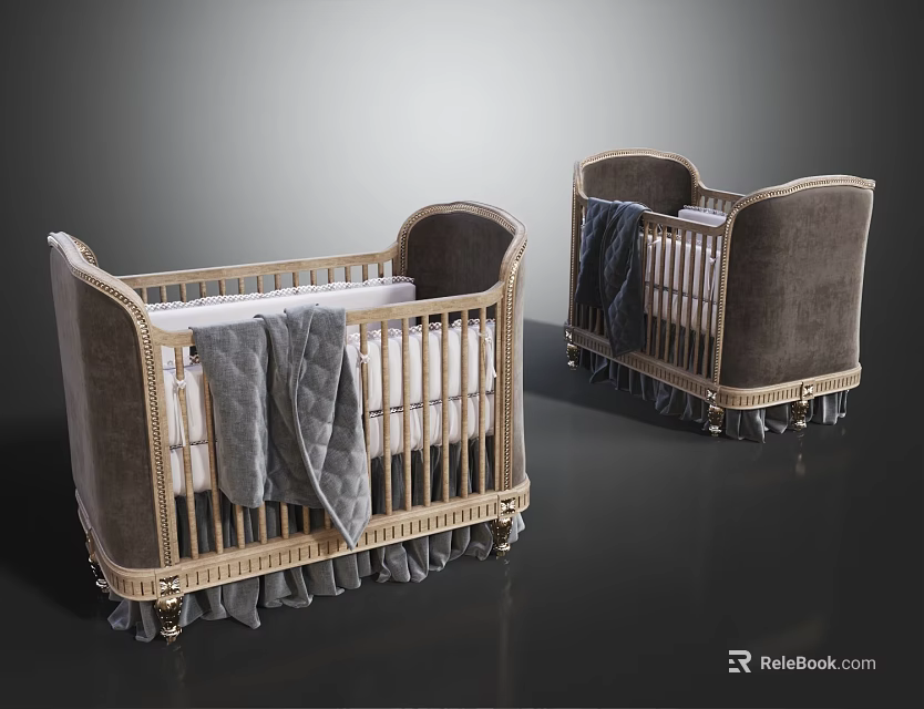 Elegant Upholstered Baby Cribs With Gold Accent Feet And Gray Blankets 3d model 