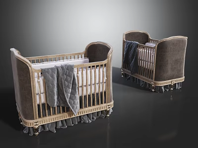 Elegant Upholstered Baby Cribs With Gold Accent Feet And Gray Blankets 3d model