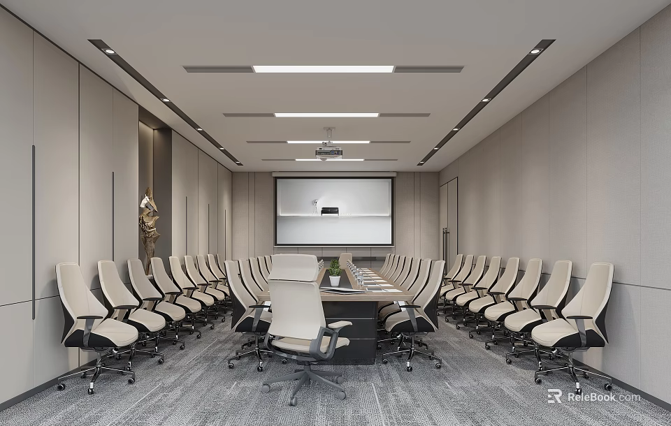 Modern Conference Room With Long Table Projector Screen Gray Carpet And Comfortable Chairs 3d model