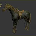 Detailed Dark Green Horse Sculpture with Black Mane Brown Saddle on Gray Background