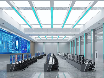 Modern Control Room Interior With Large Screens Control Desks And Equipment Lighting 3d model