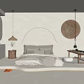 Hotel Room With Modern Minimalist Design Circular Wall Art Built In Lighting And Wooden Nightstand