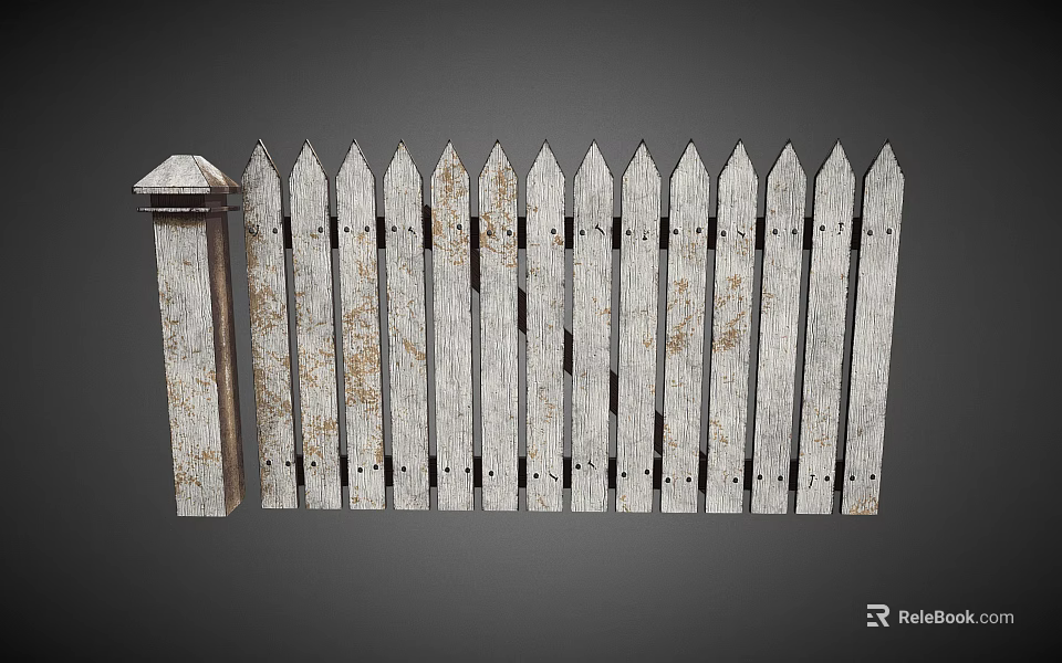 Weathered White Picket Fence With Wooden Post And Pointed Tops 3d model 