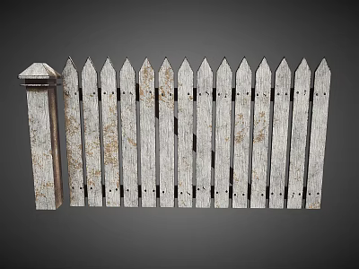 Weathered White Picket Fence With Wooden Post And Pointed Tops 3d model