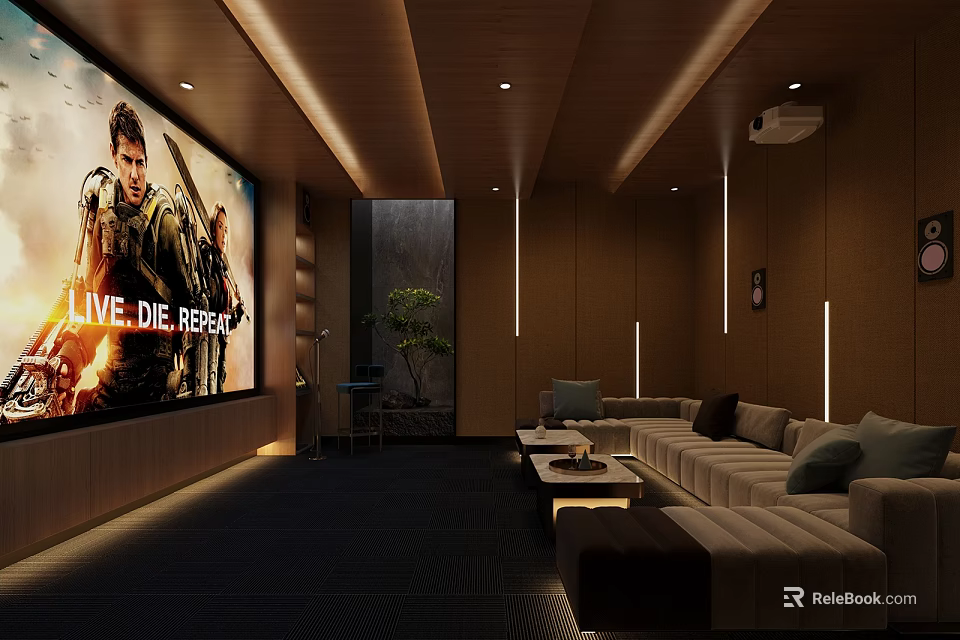 Modern Home Theater Room Interior With Large Screen Comfortable Sofas And Ambient Lighting 3d model 