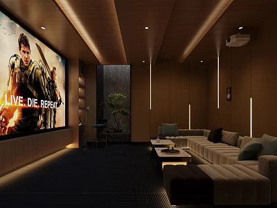 Modern Home Theater Room Interior With Large Screen Comfortable Sofas And Ambient Lighting 3d model