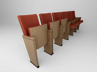 Modern Office Chairs with Red Upholstered Seats and Wooden Armrests in Row 3d model