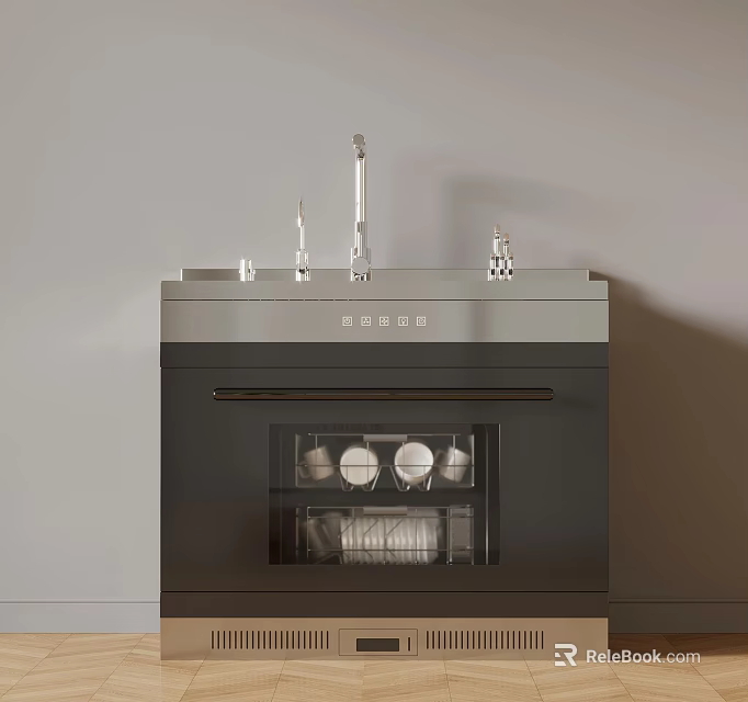 Modern Sleek Dishwasher With Transparent Door And Visible Plates Utensils In Kitchen 3d model 