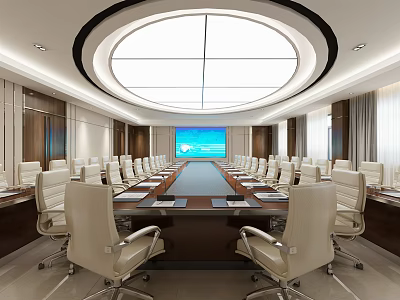 Modern Conference Room With Long Table White Chairs Large Screen And Circular Ceiling Light 3d model