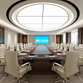 Modern Conference Room With Long Table White Chairs Large Screen And Circular Ceiling Light