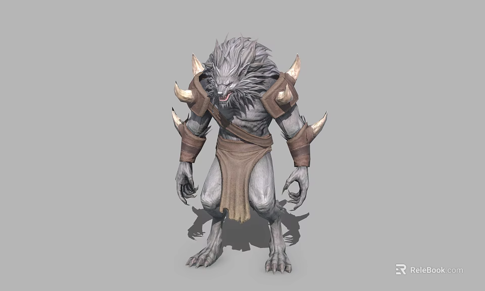 Fierce Gray Fur Fantasy Game Movie Character With Spiked Shoulders Sharp Claws And Brown Loincloth 3d model 