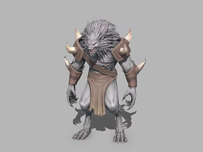 Fierce Gray Fur Fantasy Game Movie Character With Spiked Shoulders Sharp Claws And Brown Loincloth 3d model