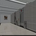 Modern Elevator Hallway With White Walls Shiny Floor Ceiling Lights Elevator Doors And Trash Bins 3d model