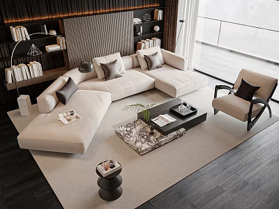 Modern Light Colored Sofa And Coffee Table Set With Cushions Bookshelf And Floor Lamp 3d model