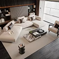 Modern Light Colored Sofa And Coffee Table Set With Cushions Bookshelf And Floor Lamp