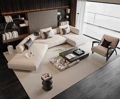 Modern Light Colored Sofa And Coffee Table Set With Cushions Bookshelf And Floor Lamp 3d model