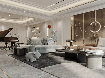 Elegant Modern Living Room Interior With Piano Sofa Coffee Table Rug And Decorative Art 3d model