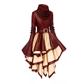 Burgundy High Neck Dress With Belted Waist And Cream Layered Asymmetrical Hem