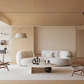 Minimalist Living Room Interior With Light Wooden Ceiling Beige Sofa And Rattan Chairs