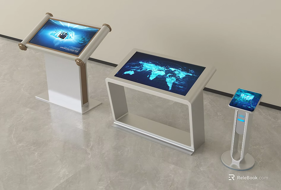 Public Facility Interactive Touchscreen Kiosks Featuring Different Designs And World Map Interface 3d model