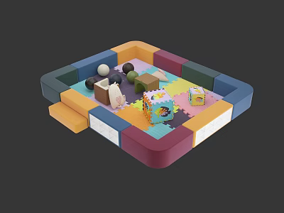 Colorful Stuffed Doll in Playpen with Building Blocks Balls and Activity Mat 3d model