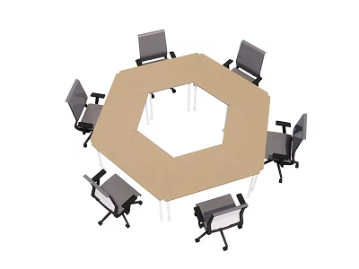 Octagonal Conference Table with Light Brown Surface White Metal Legs Black Chairs in Meeting Room 3d model