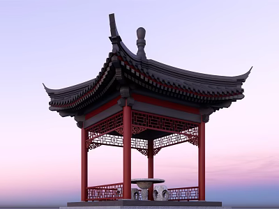 Chinese Garden Landscape Featuring Traditional Pavilion Red Pillars And Carved Details 3d model