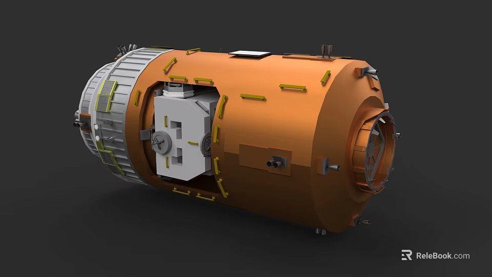 Orange Cylindrical Industrial Equipment With Metal Structure Yellow Strips White Panel And Circular Interface 3d model 