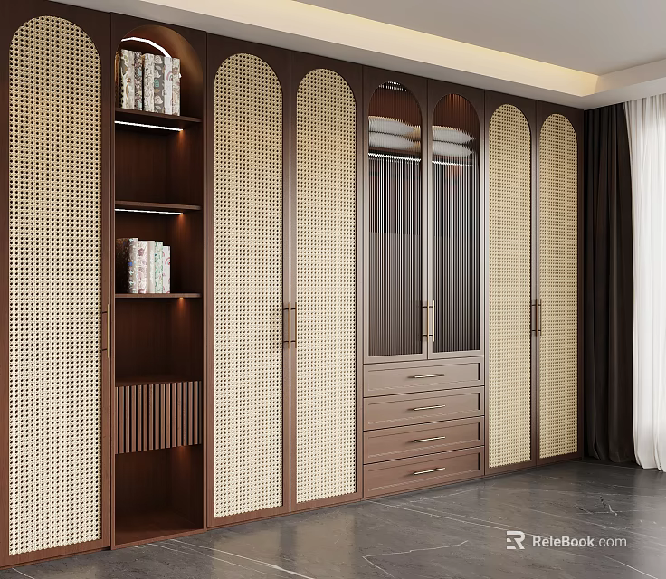 Elegant Modern Wooden Wardrobe Interior with Glass Doors Drawers and Bookshelf 3d model 