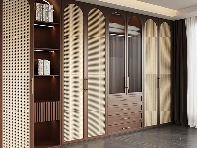 Elegant Modern Wooden Wardrobe Interior with Glass Doors Drawers and Bookshelf 3d model