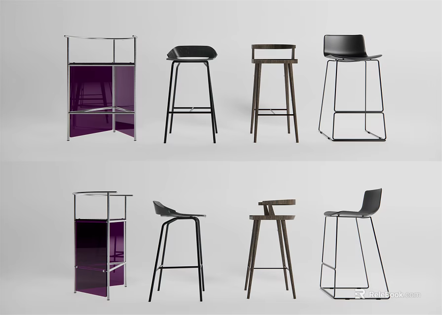 Modern Bar Stools With Various Stylish Designs And Metal Frame Structures 3d model