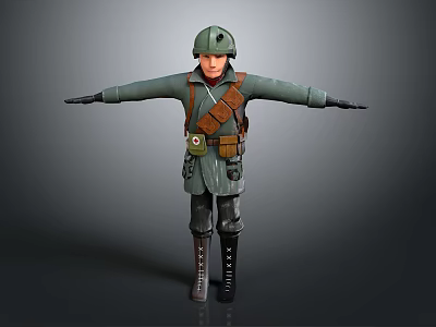 Game Movie Character In Green Military Uniform With Helmet Equipment Belt Backpack And Black Boots 3d model