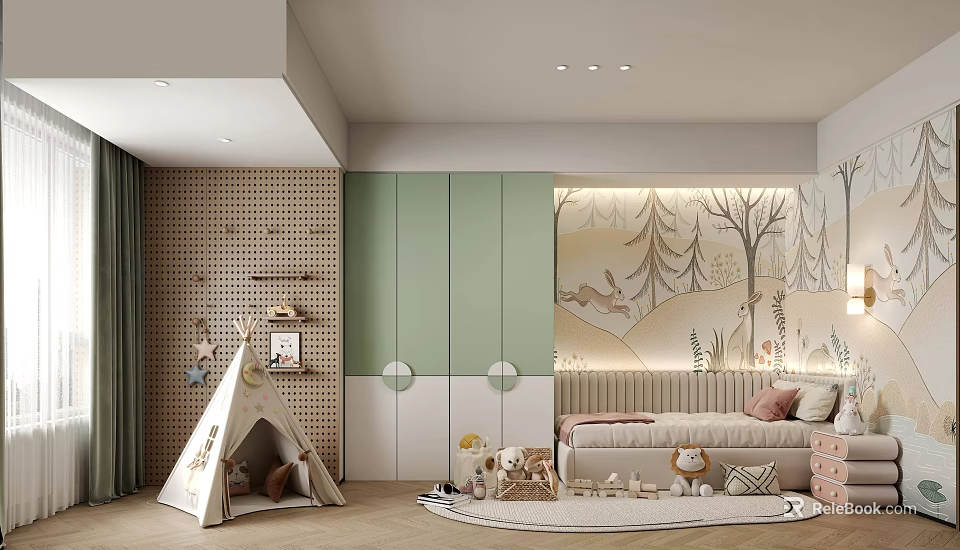 Kids Room Interior Design With Teepee Tent Green Cabinets Forest Mural And Toys Rug 3d model 