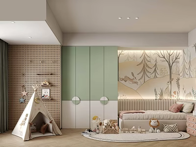Kids Room Interior Design With Teepee Tent Green Cabinets Forest Mural And Toys Rug 3d model