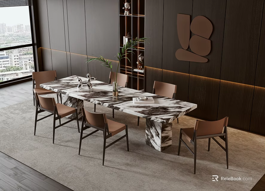 Modern Marble Top Dining Table And Chairs In Spacious Room With Black Wall Decor 3d model 